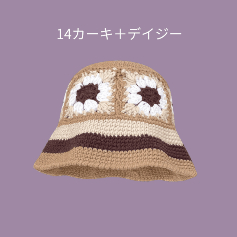 バケットハット お花モチーフの手編みバケットハット