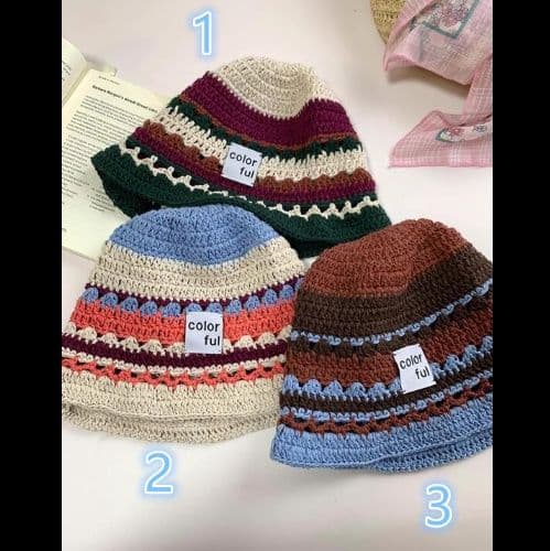バケットハット 編み物 手作り風バケットハット 女性用 カラフル ボーダー柄 日よけ帽子