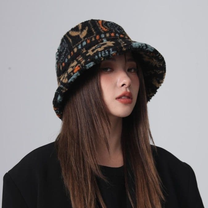 バケットハット 民族風刺繍柄 ふわふわ ファー バケットハット