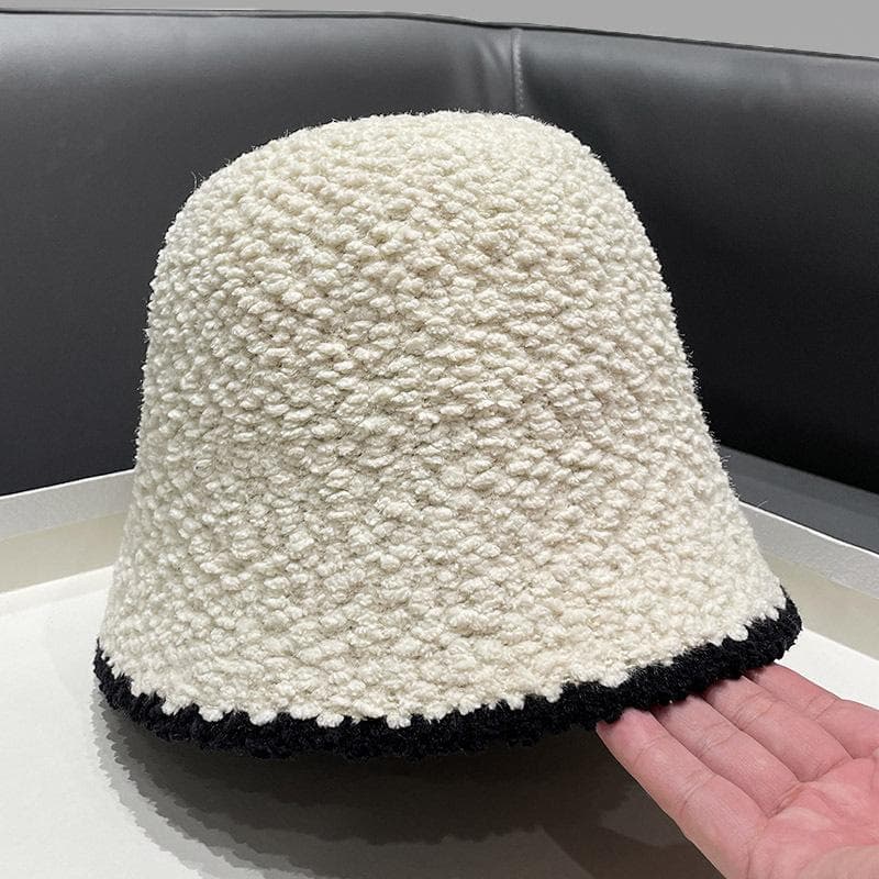 バケットハット もこもこ配色縁取り編み物バケットハット