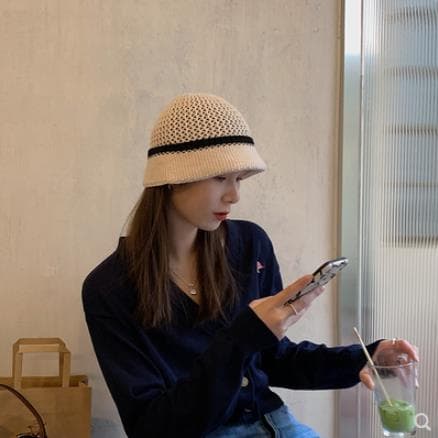 バケットハット レース飾り付き手編みバケットハット