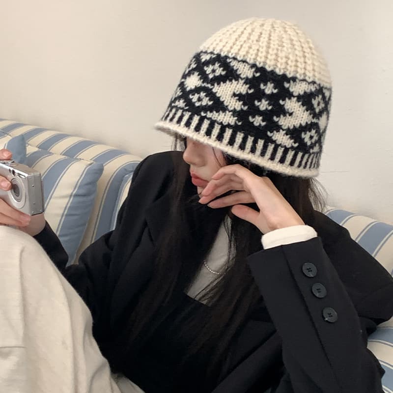 バケットハット 北欧模様のあったか レトロ 編み物バケットハット