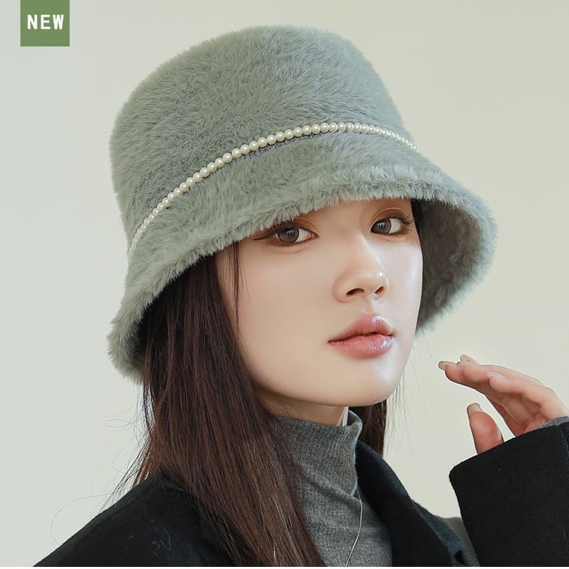 秋冬ファーバケットハット真珠付き女性帽子可愛い韓国風