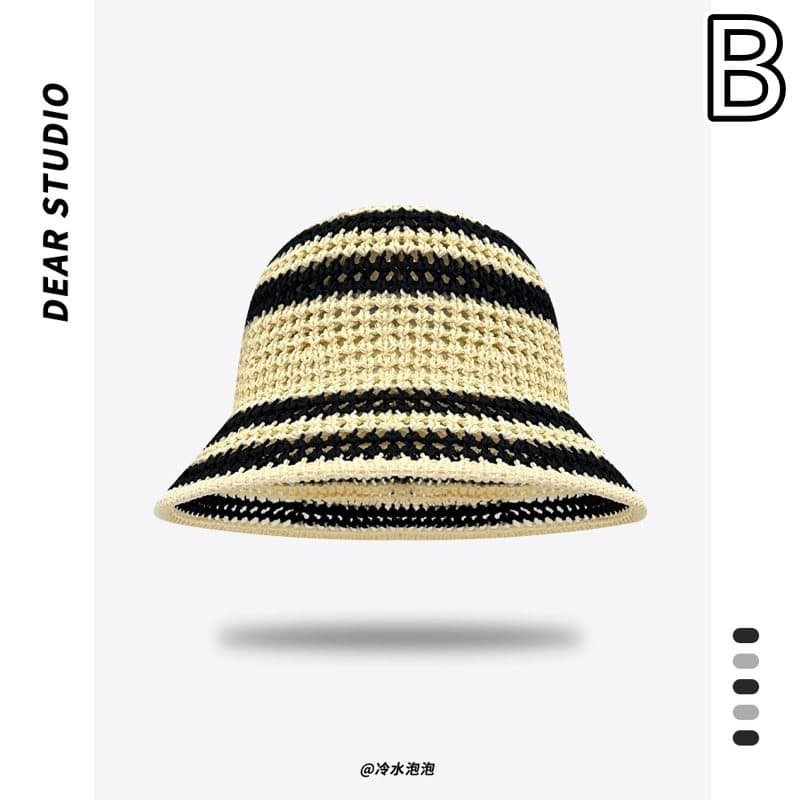 夏の透かし編みボーダーバケットハット 日よけ帽子