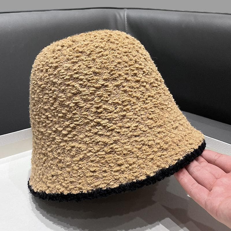 バケットハット もこもこ配色縁取り編み物バケットハット