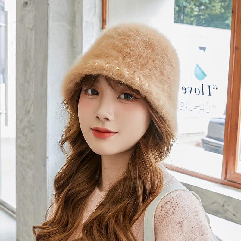 バケットハット 秋冬ファー帽子 真珠付きバケット帽 女性用 全6色