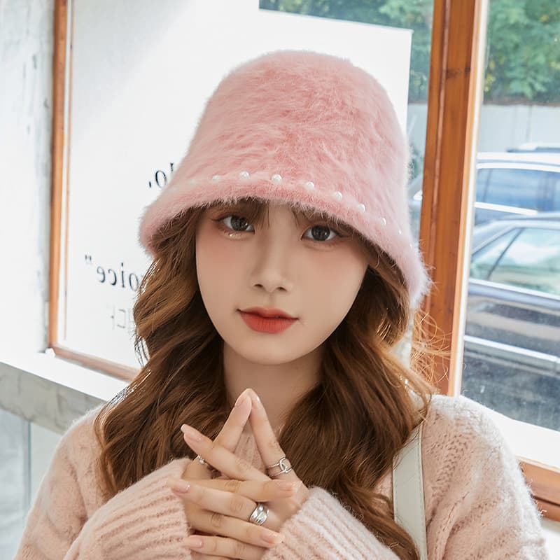 バケットハット 秋冬ファー帽子 真珠付きバケット帽 女性用 全6色