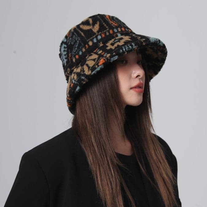 バケットハット 民族風刺繍柄 ふわふわ ファー バケットハット