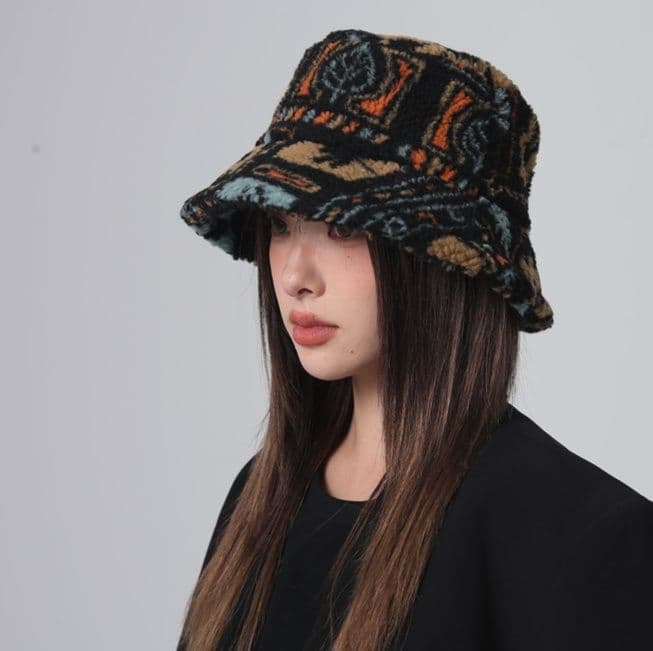 バケットハット 民族風刺繍柄 ふわふわ ファー バケットハット