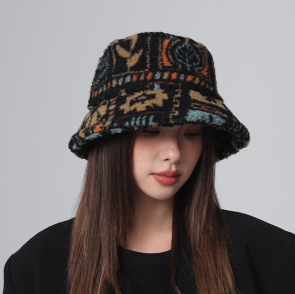 バケットハット 民族風刺繍柄 ふわふわ ファー バケットハット