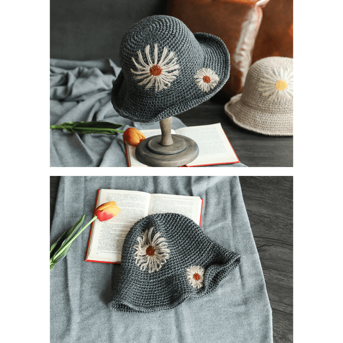 バケットハット 花モチーフ付き手編みバケットハット