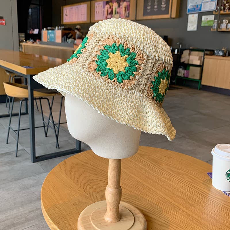 バケットハット 花モチーフ かぎ針編みのクロシェ 手編み バケットハット