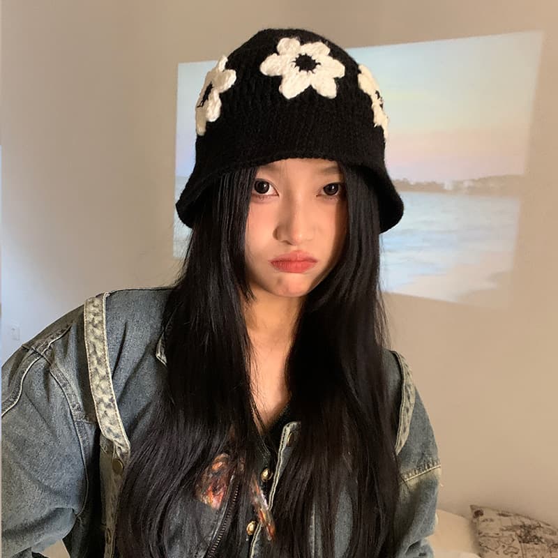 バケットハット 編み物花柄ニット帽子 女性用バケット型 小顔効果秋冬